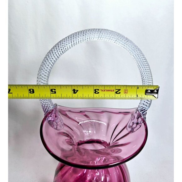 Vintage Rossi Cranberry Glass Swirl Basket Vase with tight twist handle - Picture 8 of 8